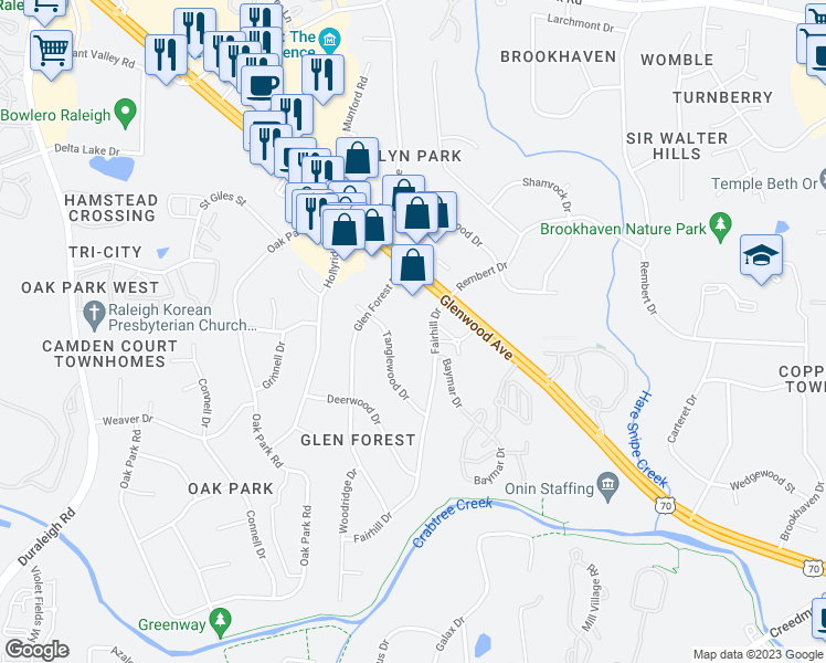 map of restaurants, bars, coffee shops, grocery stores, and more near 5725 Glenwood Avenue in Raleigh