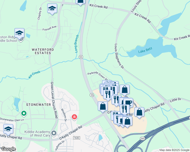 map of restaurants, bars, coffee shops, grocery stores, and more near 428 Dominion Oak Circle in Cary