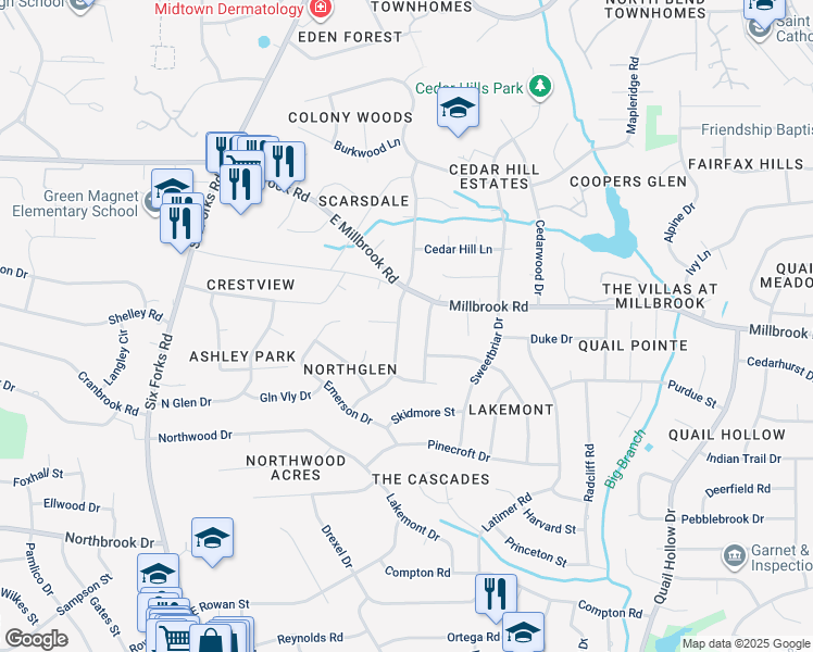 map of restaurants, bars, coffee shops, grocery stores, and more near 5244 Knollwood Road in Raleigh