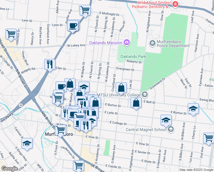 map of restaurants, bars, coffee shops, grocery stores, and more near 606 North Academy Street in Murfreesboro