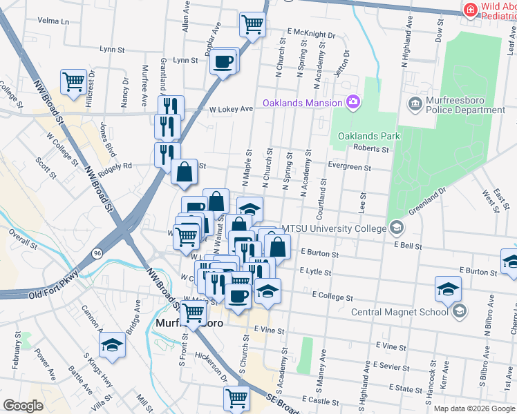 map of restaurants, bars, coffee shops, grocery stores, and more near 127 East Chestnut Street in Murfreesboro
