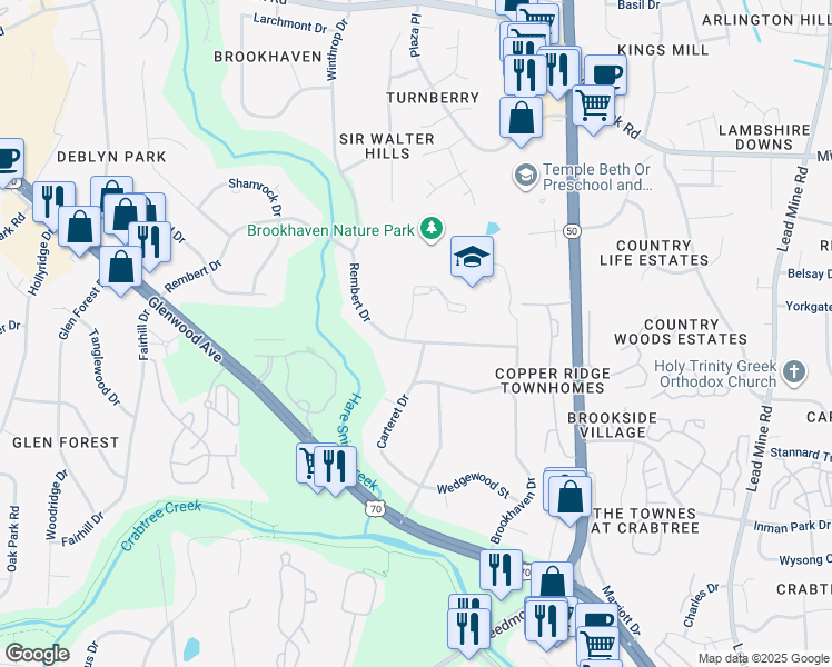map of restaurants, bars, coffee shops, grocery stores, and more near 4732 Rembert Drive in Raleigh