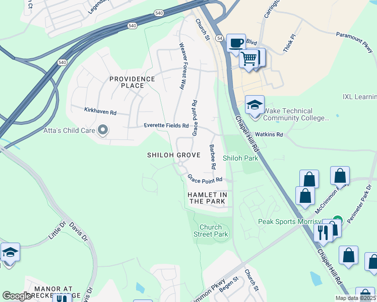 map of restaurants, bars, coffee shops, grocery stores, and more near 1204 Denmark Manor Drive in Morrisville