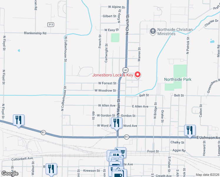 map of restaurants, bars, coffee shops, grocery stores, and more near 201 West Forrest Street in Jonesboro