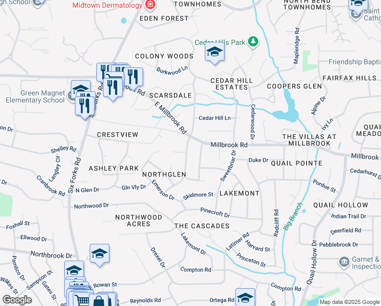 map of restaurants, bars, coffee shops, grocery stores, and more near 5244 Knollwood Road in Raleigh