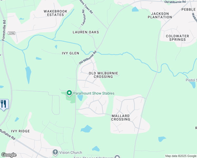 map of restaurants, bars, coffee shops, grocery stores, and more near 3516 Bloomfield Way in Raleigh