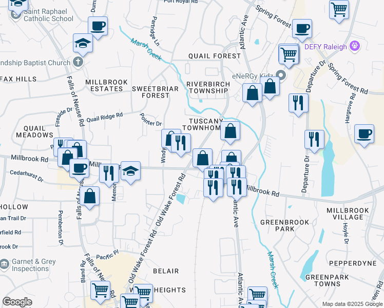 map of restaurants, bars, coffee shops, grocery stores, and more near 1710 Tiffany Bay Court in Raleigh
