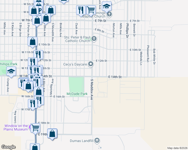 map of restaurants, bars, coffee shops, grocery stores, and more near 1317 South Maddox Avenue in Dumas