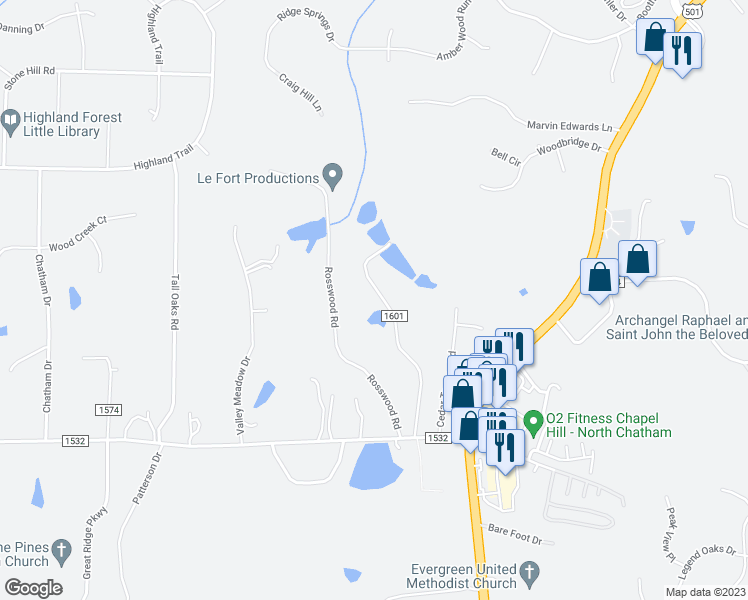 map of restaurants, bars, coffee shops, grocery stores, and more near 375 Cedar Lake Road in Chapel Hill