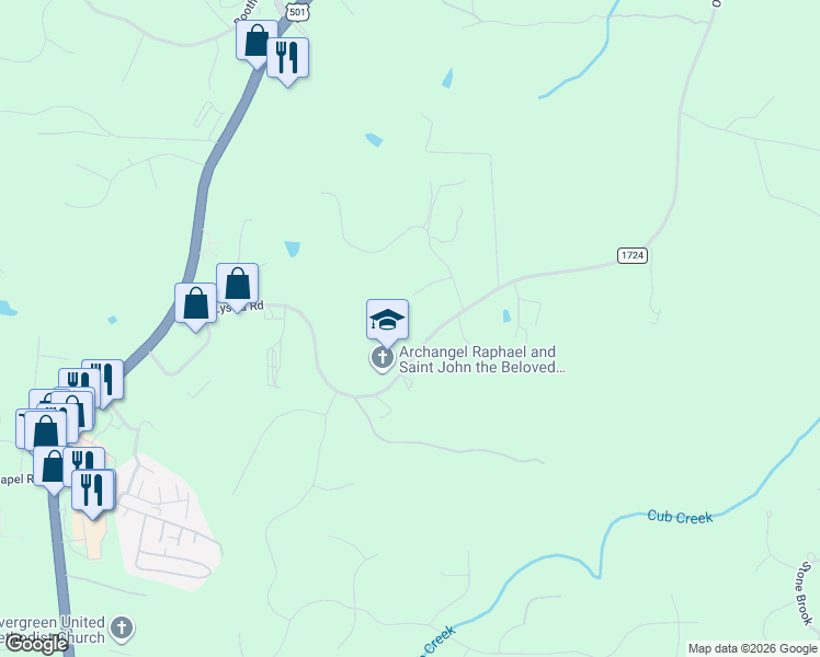 map of restaurants, bars, coffee shops, grocery stores, and more near 45 Meadow Run in Chapel Hill