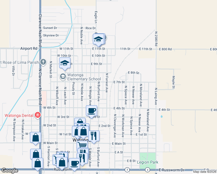 map of restaurants, bars, coffee shops, grocery stores, and more near 720 North Forrest Avenue in Watonga