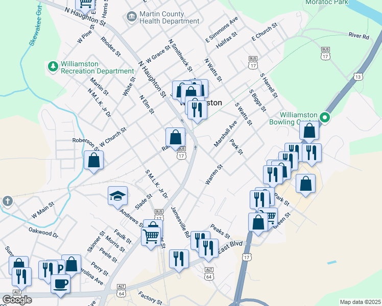 map of restaurants, bars, coffee shops, grocery stores, and more near 209 Washington St in Williamston