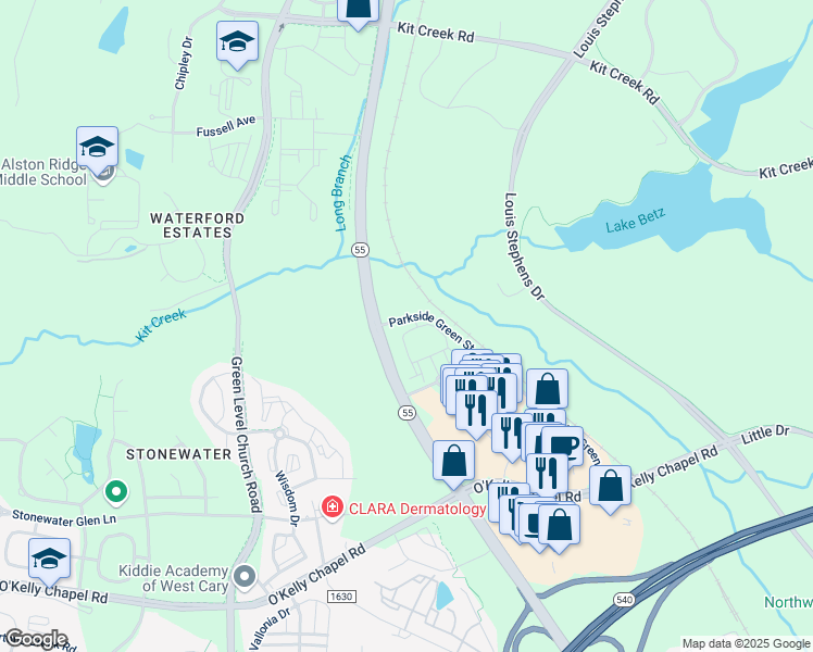 map of restaurants, bars, coffee shops, grocery stores, and more near 1936 Dominion Oak Circle in Cary