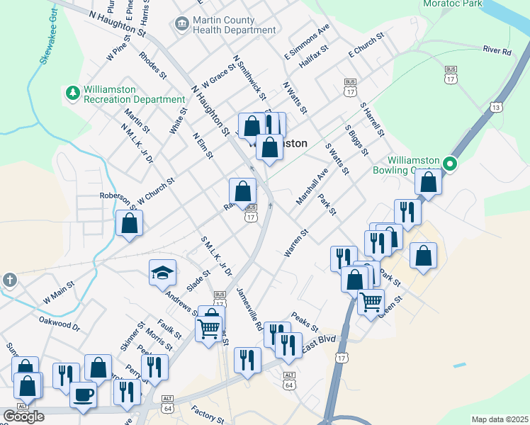 map of restaurants, bars, coffee shops, grocery stores, and more near 209 Washington St in Williamston