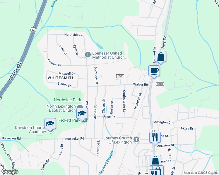 map of restaurants, bars, coffee shops, grocery stores, and more near 441 Walser Road in Lexington