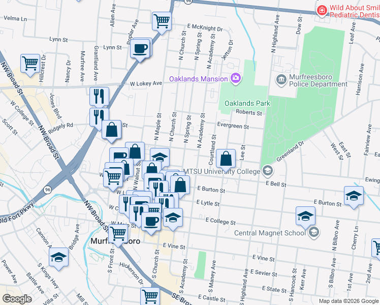 map of restaurants, bars, coffee shops, grocery stores, and more near 603 North Spring Street in Murfreesboro