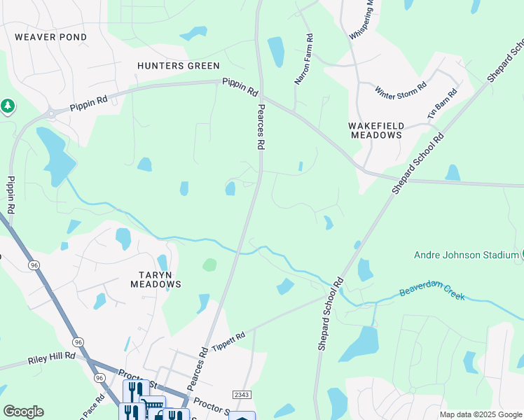 map of restaurants, bars, coffee shops, grocery stores, and more near 2457 Village of Wakefield Road in Zebulon