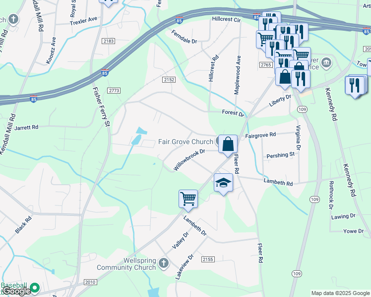 map of restaurants, bars, coffee shops, grocery stores, and more near 103 Willowbrook Drive in Thomasville