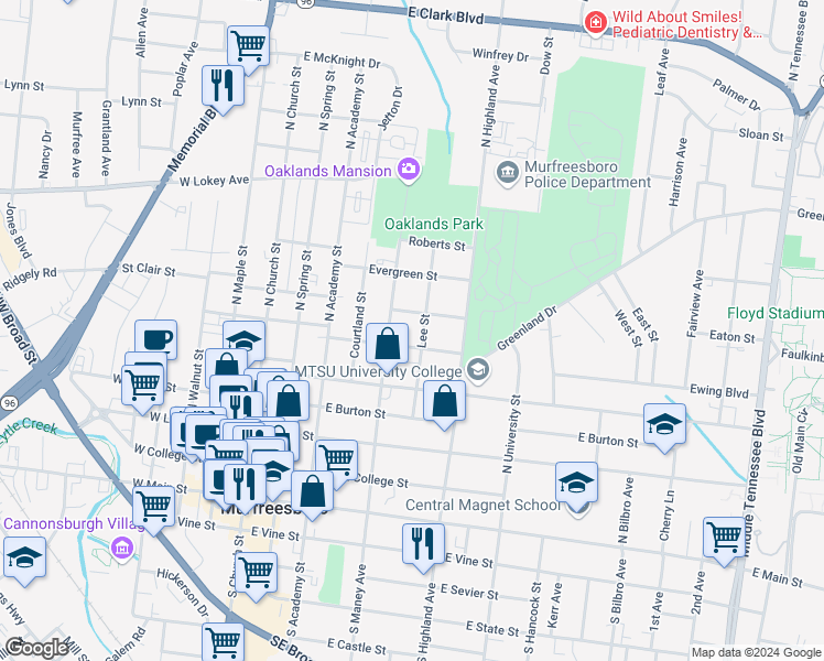 map of restaurants, bars, coffee shops, grocery stores, and more near 418 Forrest Street in Murfreesboro