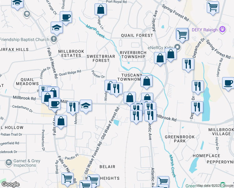 map of restaurants, bars, coffee shops, grocery stores, and more near 1710 Tiffany Bay Court in Raleigh