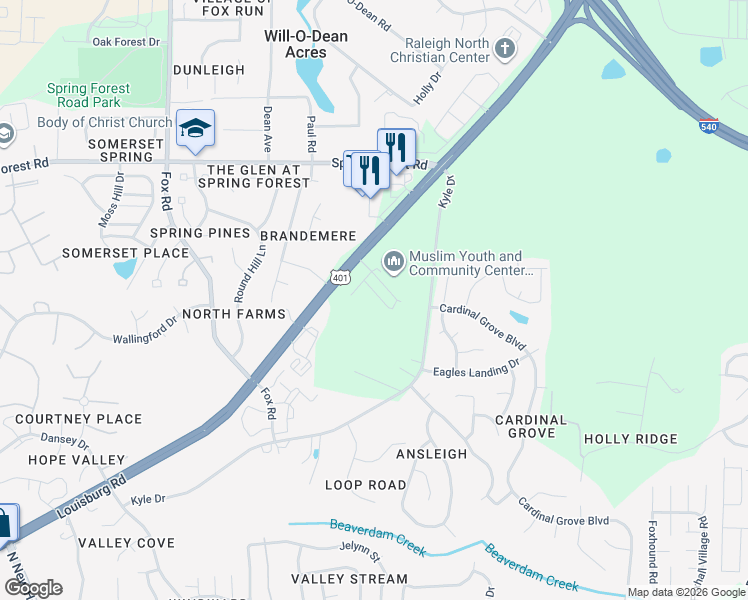 map of restaurants, bars, coffee shops, grocery stores, and more near 5418 Louisburg Road in Raleigh