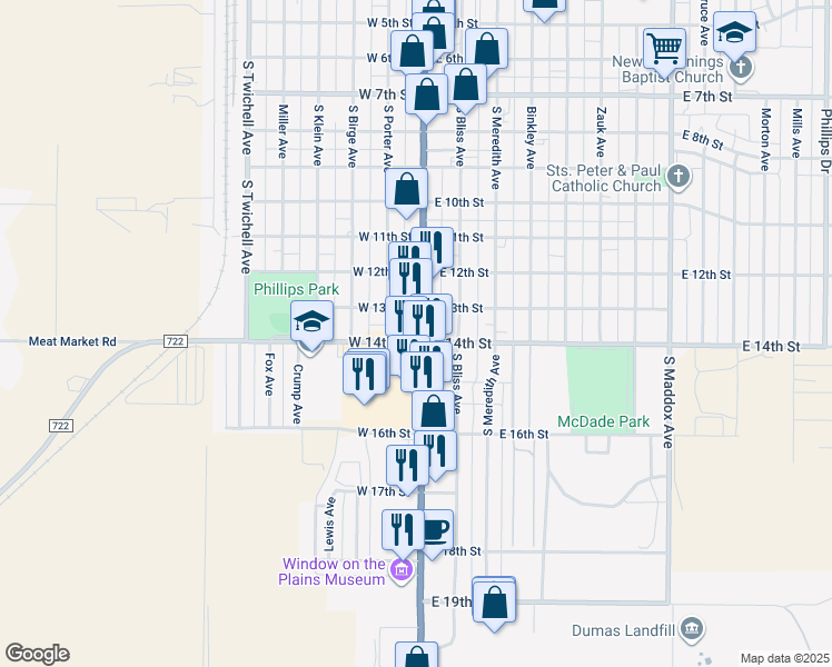 map of restaurants, bars, coffee shops, grocery stores, and more near 1367-1399 South Dumas Avenue in Dumas