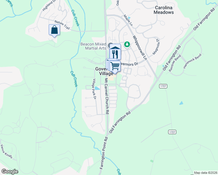 map of restaurants, bars, coffee shops, grocery stores, and more near 1024 Christopher Drive in Chapel Hill