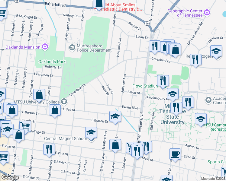 map of restaurants, bars, coffee shops, grocery stores, and more near 705 East Street in Murfreesboro