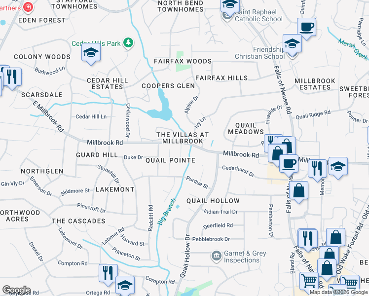 map of restaurants, bars, coffee shops, grocery stores, and more near 5024 Dantree Place in Raleigh