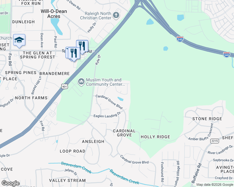 map of restaurants, bars, coffee shops, grocery stores, and more near 5201 Water Walk Lane in Raleigh