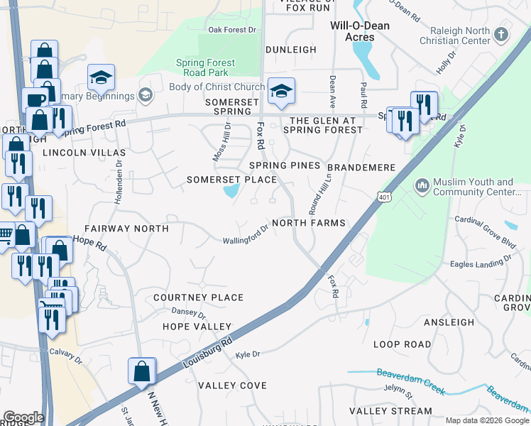 map of restaurants, bars, coffee shops, grocery stores, and more near 4608 Ashmont Court in Raleigh
