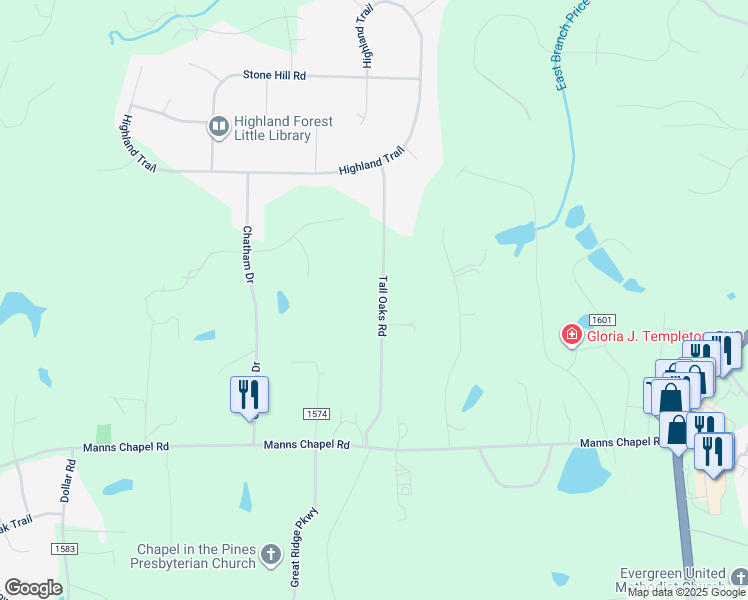 map of restaurants, bars, coffee shops, grocery stores, and more near 361 Tall Oaks Road in Chapel Hill