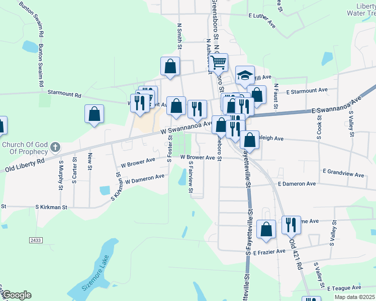 map of restaurants, bars, coffee shops, grocery stores, and more near 276W West Brower Avenue in Liberty
