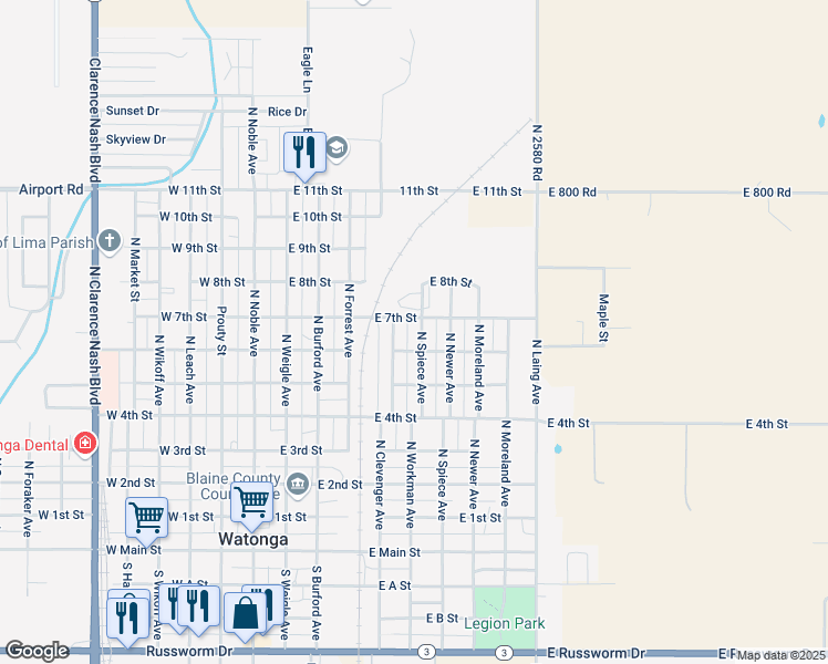 map of restaurants, bars, coffee shops, grocery stores, and more near 718 North Workman Avenue in Watonga
