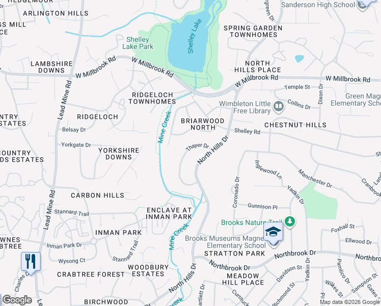 map of restaurants, bars, coffee shops, grocery stores, and more near 5410 Thayer Dr in Raleigh