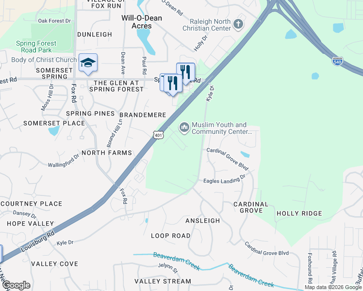 map of restaurants, bars, coffee shops, grocery stores, and more near 5418 Louisburg Road in Raleigh