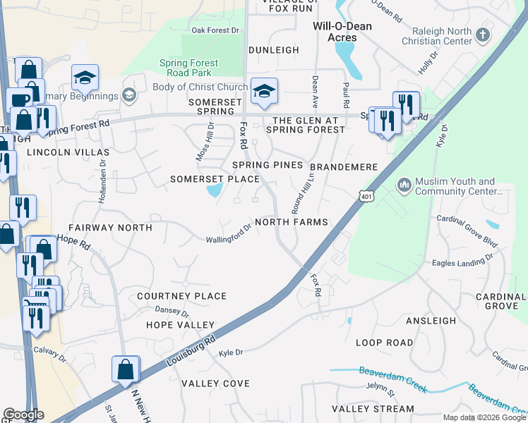 map of restaurants, bars, coffee shops, grocery stores, and more near 4609 Fox Road in Raleigh