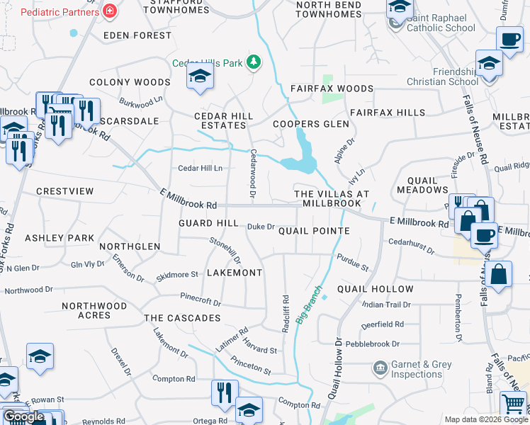 map of restaurants, bars, coffee shops, grocery stores, and more near 528 East Millbrook Road in Raleigh