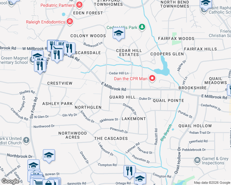 map of restaurants, bars, coffee shops, grocery stores, and more near 5320 Edgewood Road in Raleigh