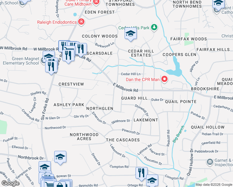 map of restaurants, bars, coffee shops, grocery stores, and more near 417 Kenwood Court in Raleigh