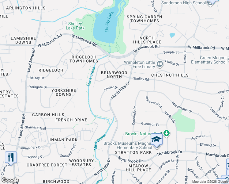 map of restaurants, bars, coffee shops, grocery stores, and more near 5409 North Hills Drive in Raleigh
