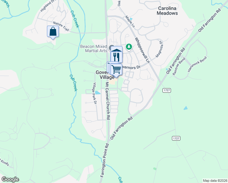 map of restaurants, bars, coffee shops, grocery stores, and more near 1024 Christopher Drive in Chapel Hill