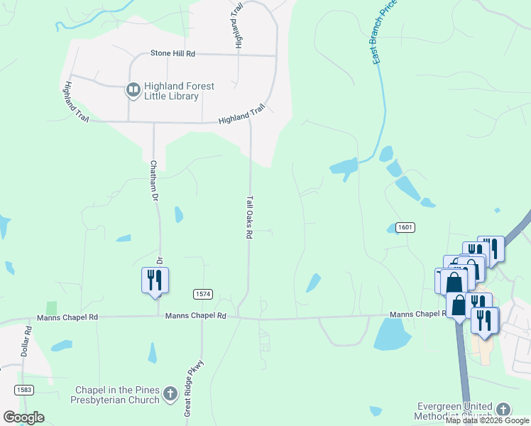 map of restaurants, bars, coffee shops, grocery stores, and more near 384 Tall Oaks Road in Chapel Hill