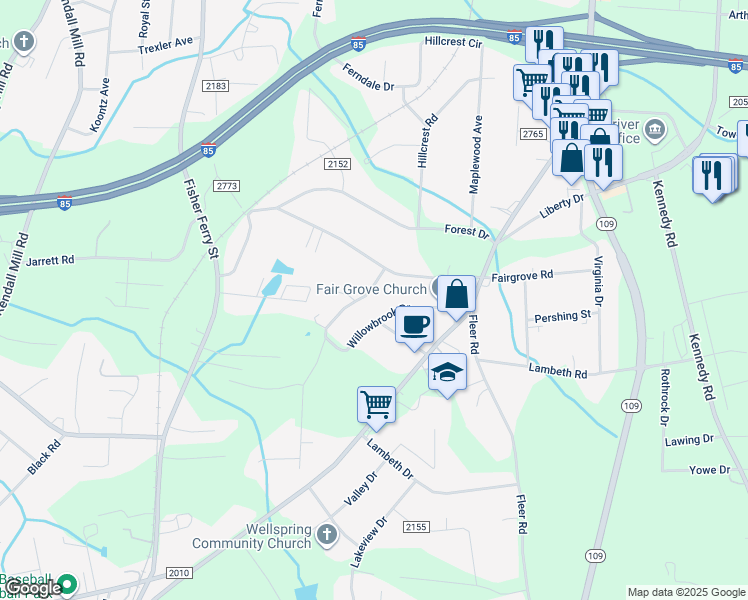 map of restaurants, bars, coffee shops, grocery stores, and more near 103 Willowbrook Drive in Thomasville