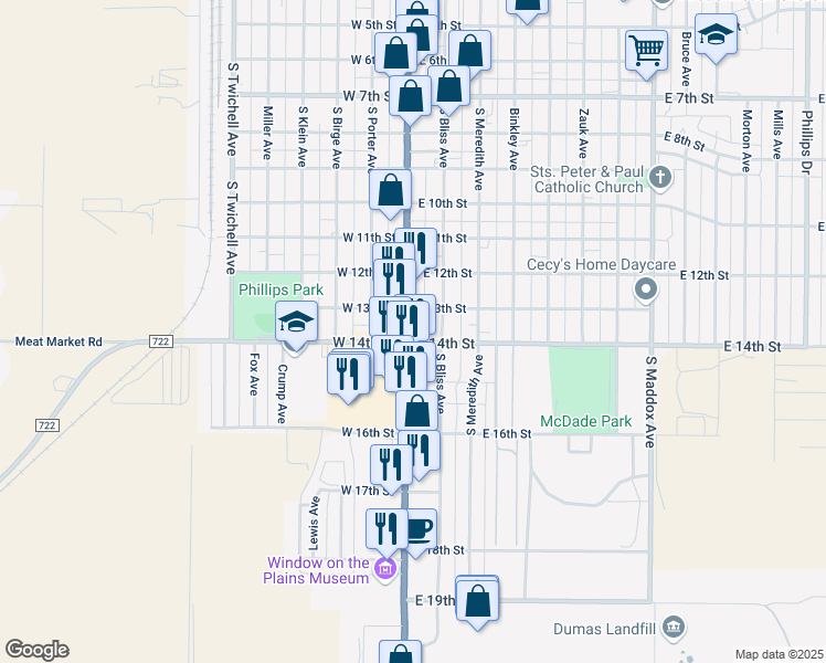 map of restaurants, bars, coffee shops, grocery stores, and more near 1367 South Dumas Avenue in Dumas