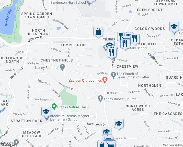 map of restaurants, bars, coffee shops, grocery stores, and more near 662 Shelley Road in Raleigh