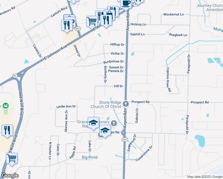 map of restaurants, bars, coffee shops, grocery stores, and more near 3813 Hill Drive in Jonesboro