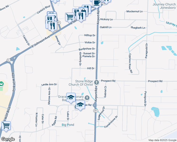map of restaurants, bars, coffee shops, grocery stores, and more near 3903 Hill Drive in Jonesboro