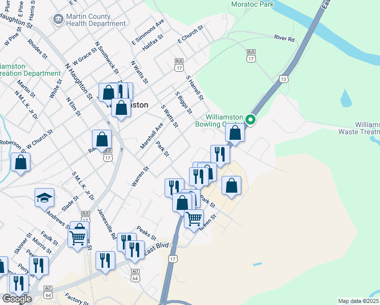map of restaurants, bars, coffee shops, grocery stores, and more near 103 Williams Street in Williamston