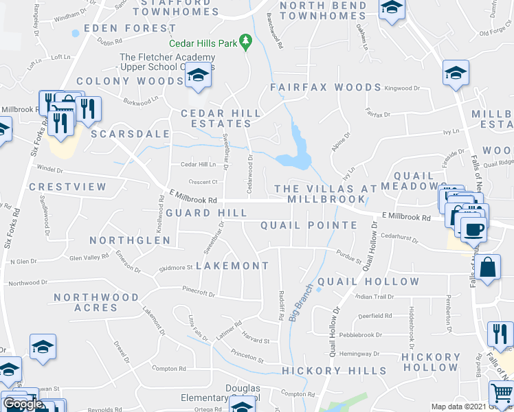 map of restaurants, bars, coffee shops, grocery stores, and more near 528 East Millbrook Road in Raleigh